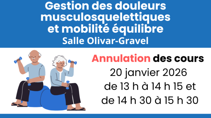 Annulation des cours de gestion des douleurs musculosquelettiques et de mobilité équilibre du 20 janvier