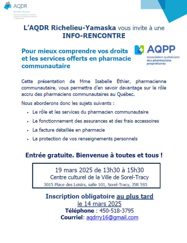 L'AQDR Richelieu-Yamaska vous invite à une info-rencontre le 19 mars prochain !